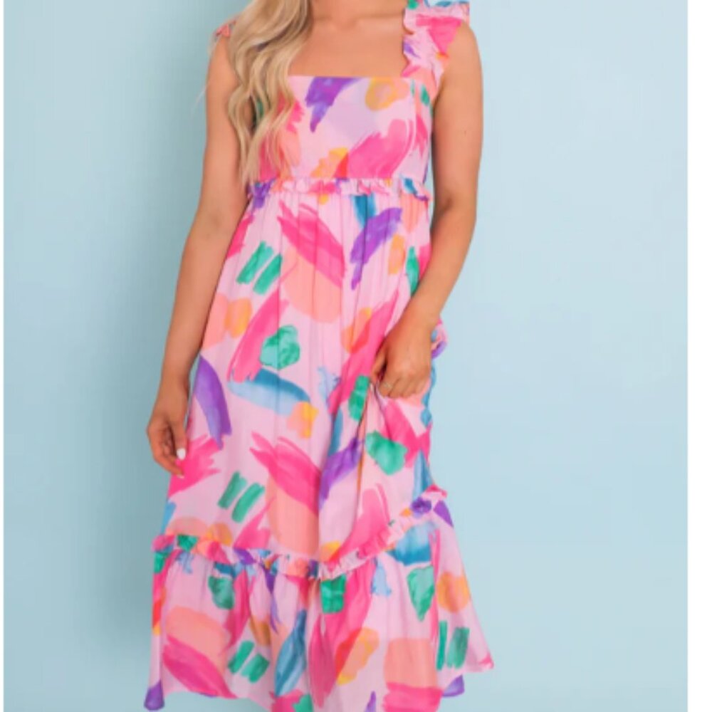 Blu Pepper Pink Multicolor Abstract Print Midi Dress